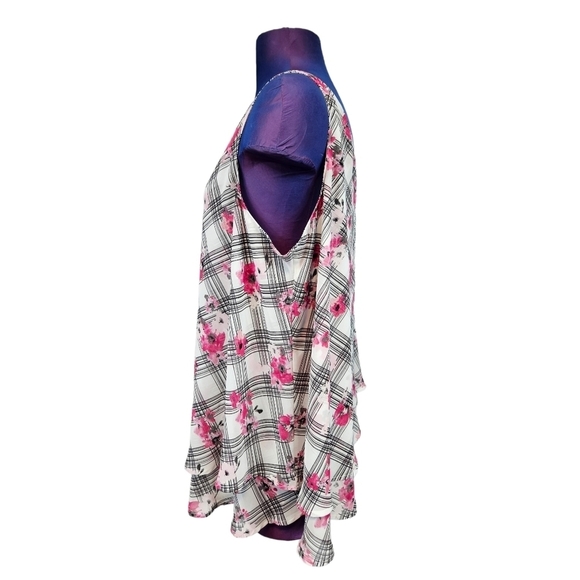 Lane‎ Bryant Black White Plaid Pink Floral Print Layered Chiffon Top Size 16 - Picture 4 of 8